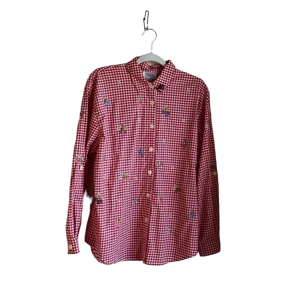 Teddi Women’s Red & White Checked Blouse with Embroidery.  Size M